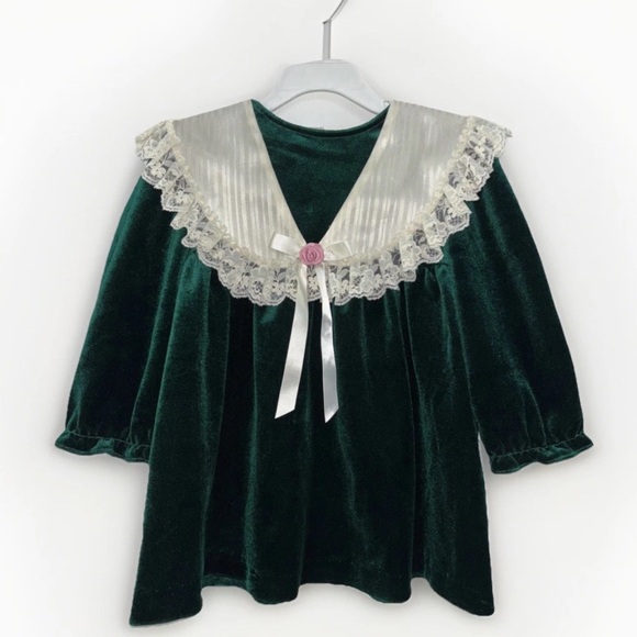 Vintage Little Precious 4T Christmas Green Velvet Dress Lace Collar Rosette USA - Picture 1 of 9